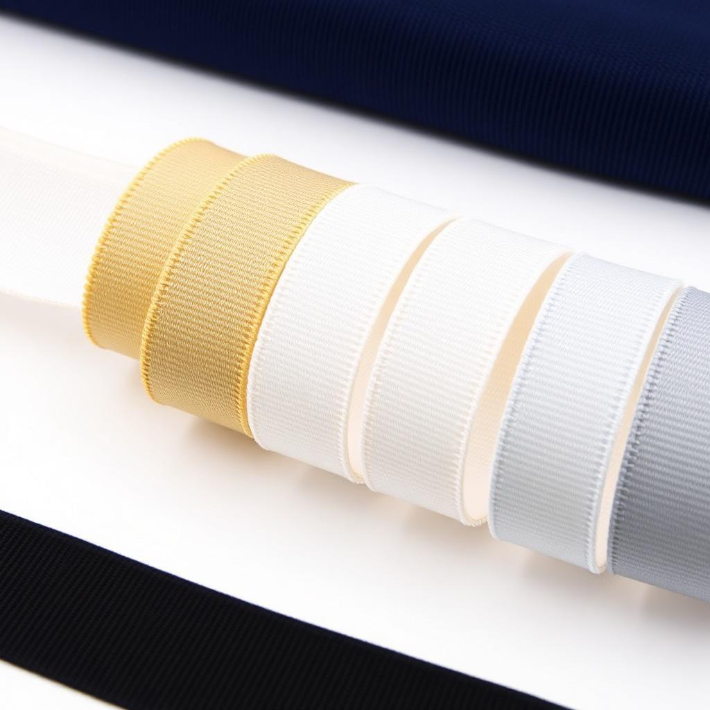 Ribbed grosgrain ribbon rolls in navy, gold, white, grey and black for garment trims