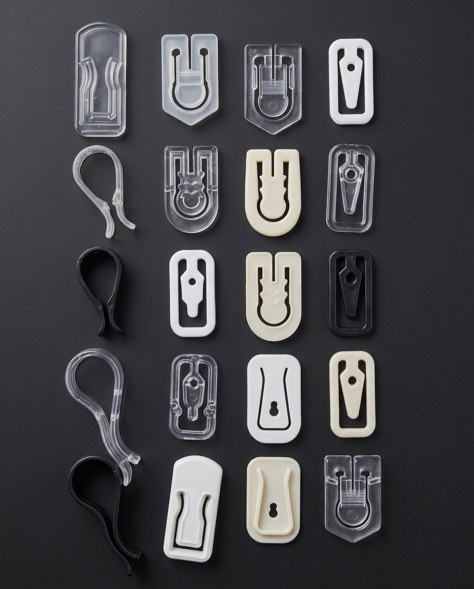 Full set of plastic square garment clips on a dark grey studio background showing V Clip, Maharaja, Shiv, T/V, J/H, Temple and Lathi patterns in transparent, white, natural and black