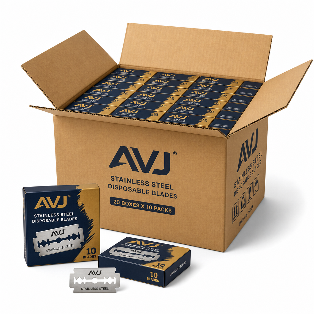 AVJ stainless steel disposable shaver blades in navy and gold retail boxes packed in export carton