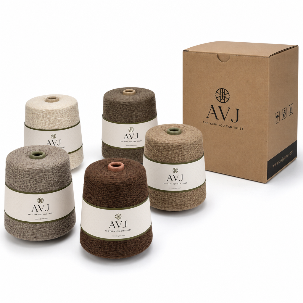 AVJ branded woolen yarn cones in earthy tones with AVJ labelled band wraps and packing carton