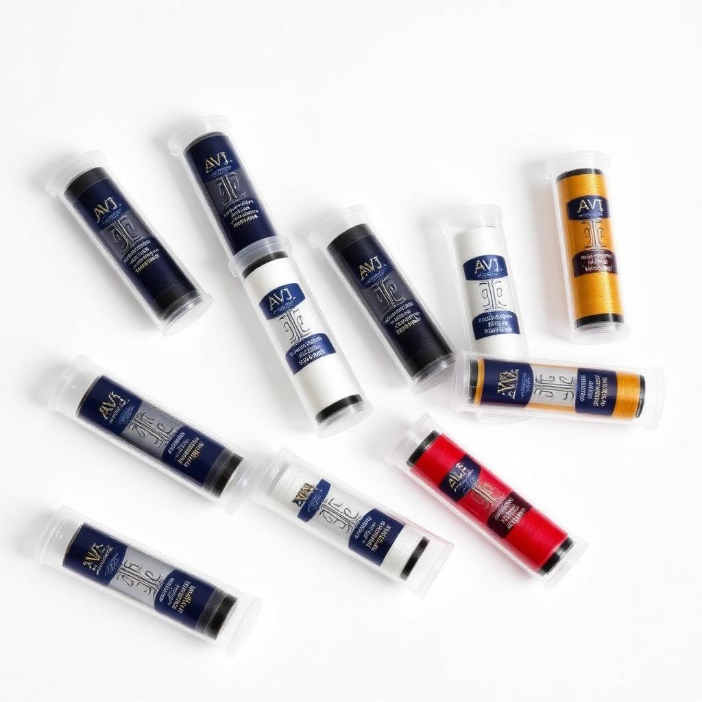 AVJ branded polyester sewing thread in small transparent plastic tube packs with navy and gold AVJ labels on a white background