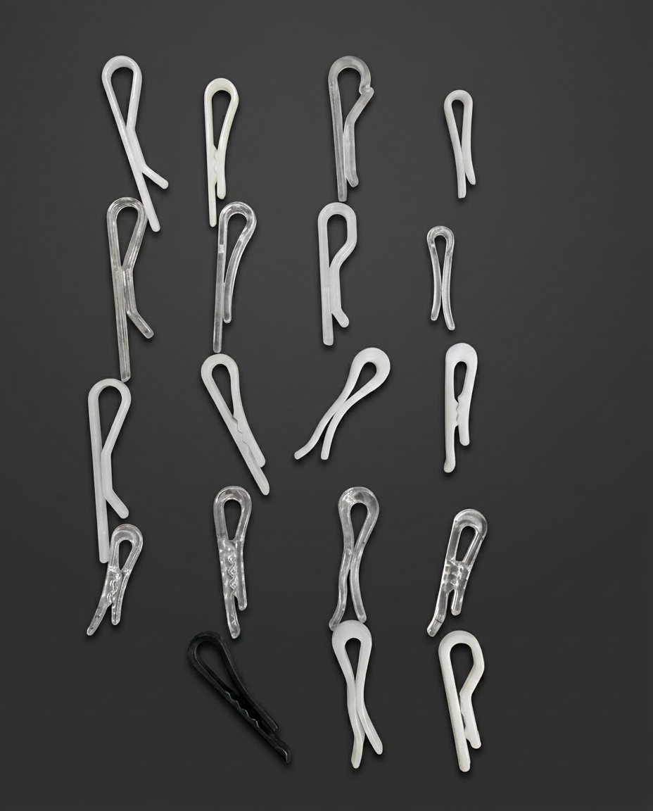 Full set of plastic shirt clips on a dark grey studio background in No.1, No.3, No.8, Wave, Jumbo, P/J, S/D and Paul patterns in transparent, white, natural and black