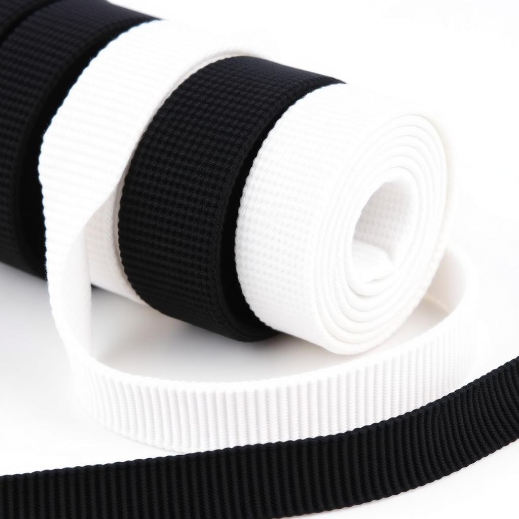 Soft white and black knitted elastic band rolls for waistbands and garment trims