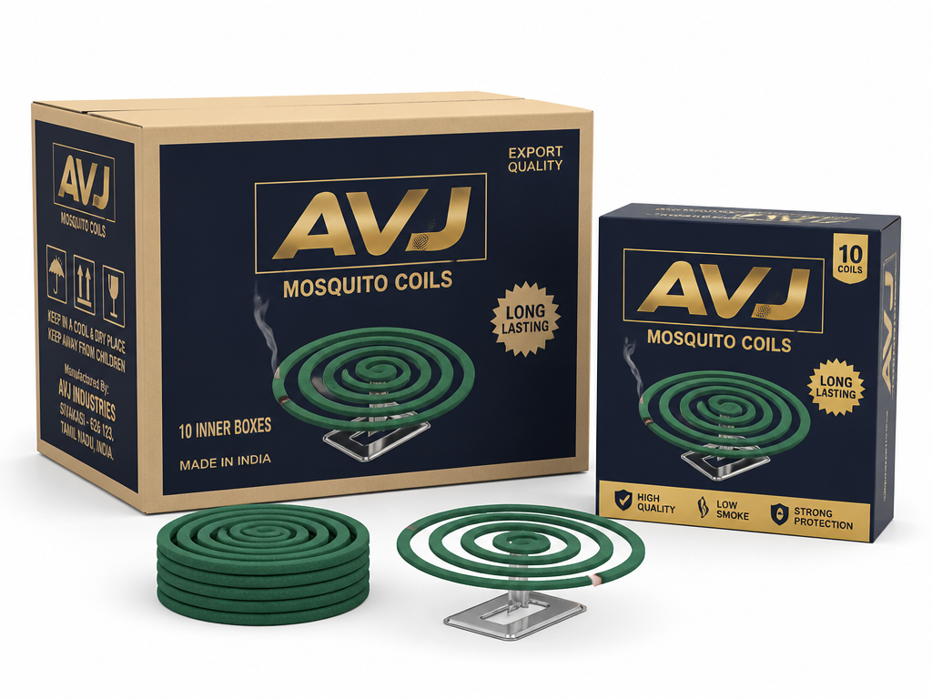 AVJ branded green mosquito coils with metal stand, retail box and export master carton