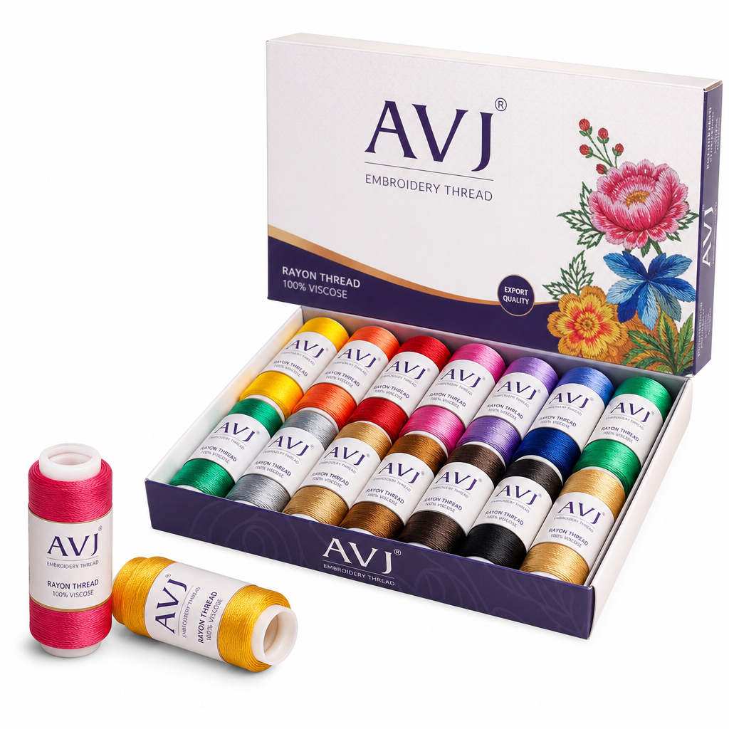 AVJ branded embroidery thread spools in assorted colours packed in an AVJ printed presentation box