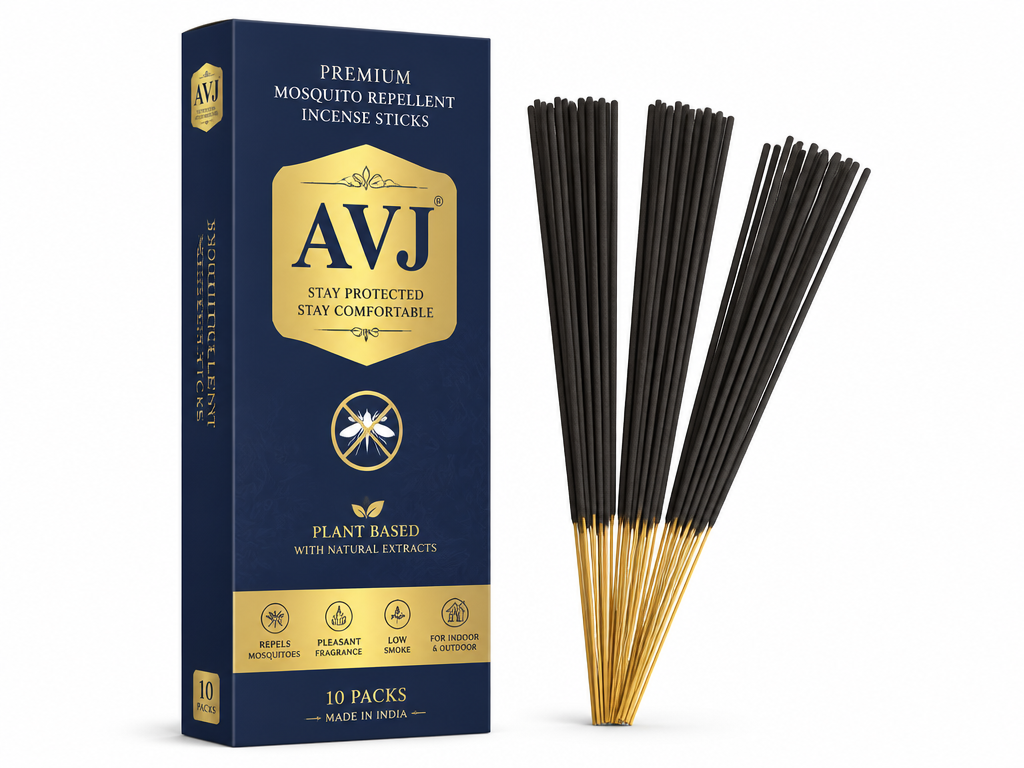 AVJ branded premium mosquito repellent incense sticks in navy and gold retail pack with bundled sticks