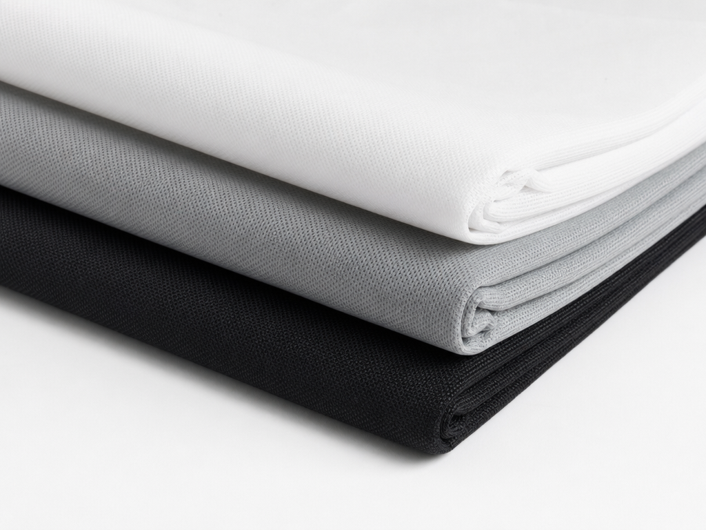 Fusible interlining fabric samples in white, grey and black