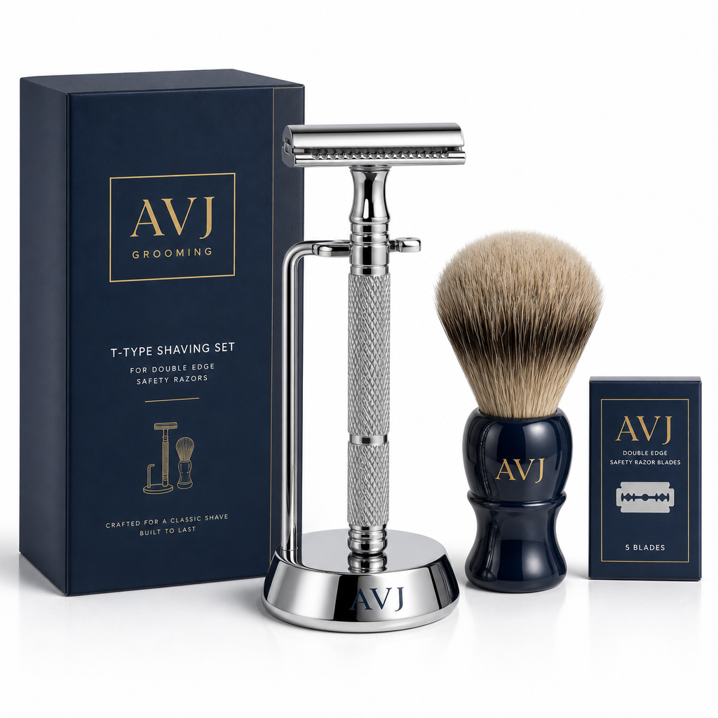 AVJ T-type shaving set for double edge safety razors with chrome stand, brush and blade pack