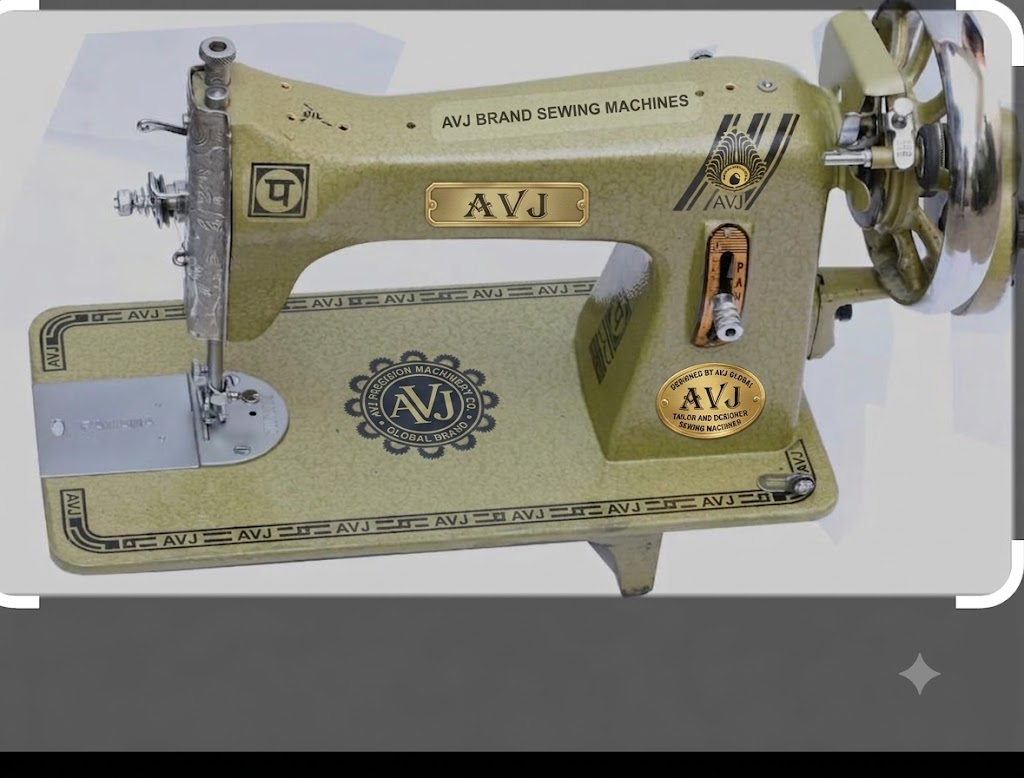 AVJ Brand olive-green and gold domestic sewing machine with decorative branding and chrome handwheel for export markets