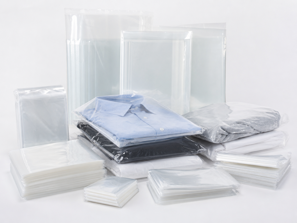 Clear BOPP polybags and garment packaging bags in multiple sizes