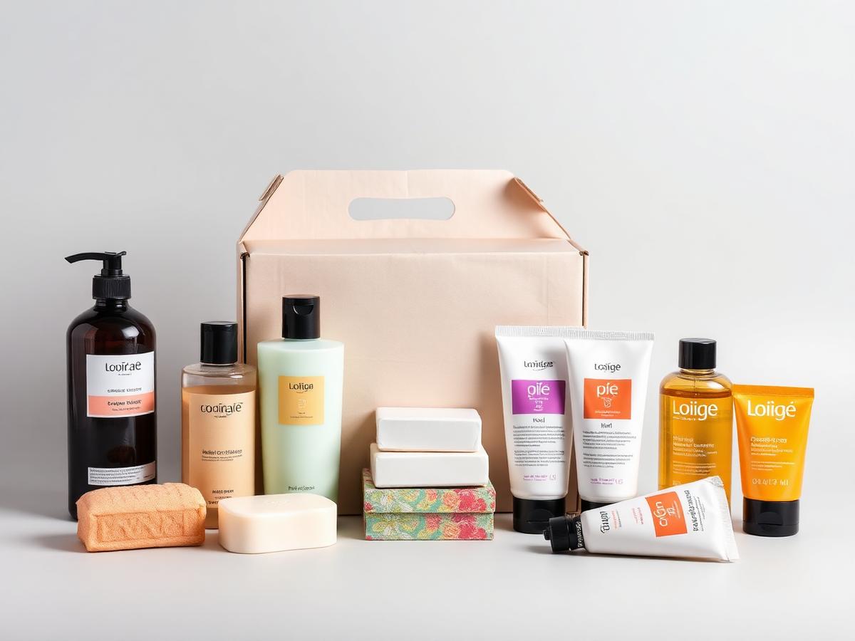 Assorted cosmetics and personal care products including shampoo, soap, lotion and cream tubes with an export carton