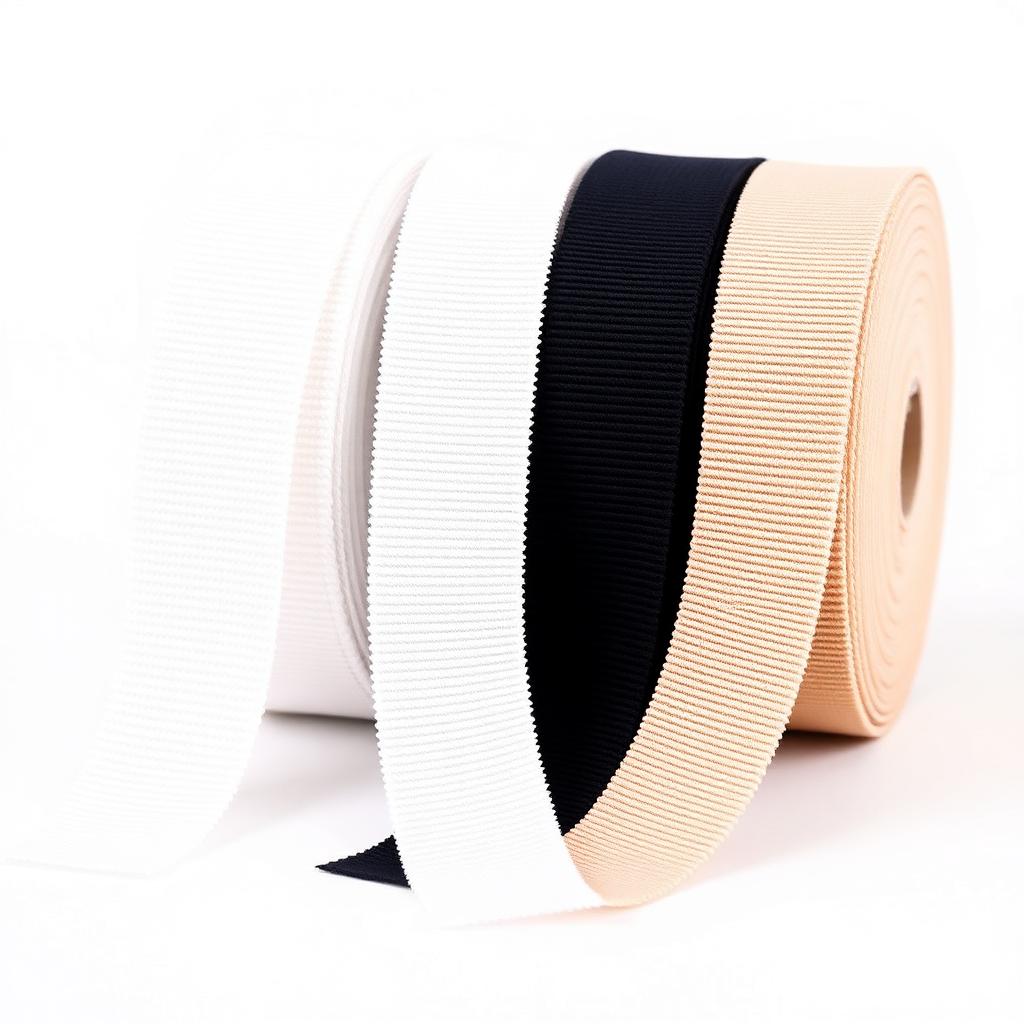 Firm woven elastic tape rolls in white, black, navy and beige for apparel manufacturing