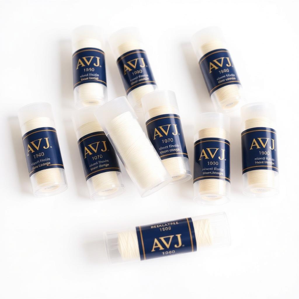 AVJ branded 100% cotton thread in small transparent plastic tube packs with navy and gold AVJ labels on a white background