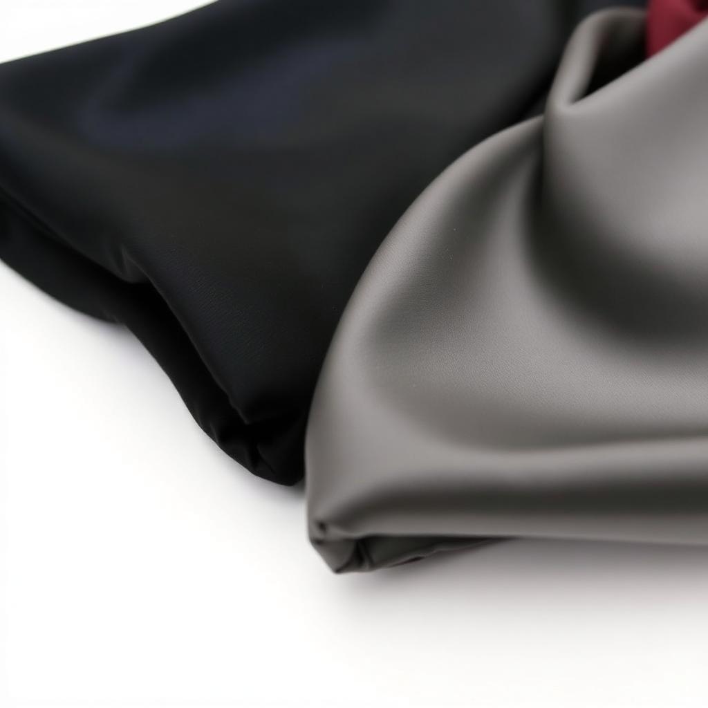 Premium coat lining fabric samples in navy, black, grey and burgundy satin finish