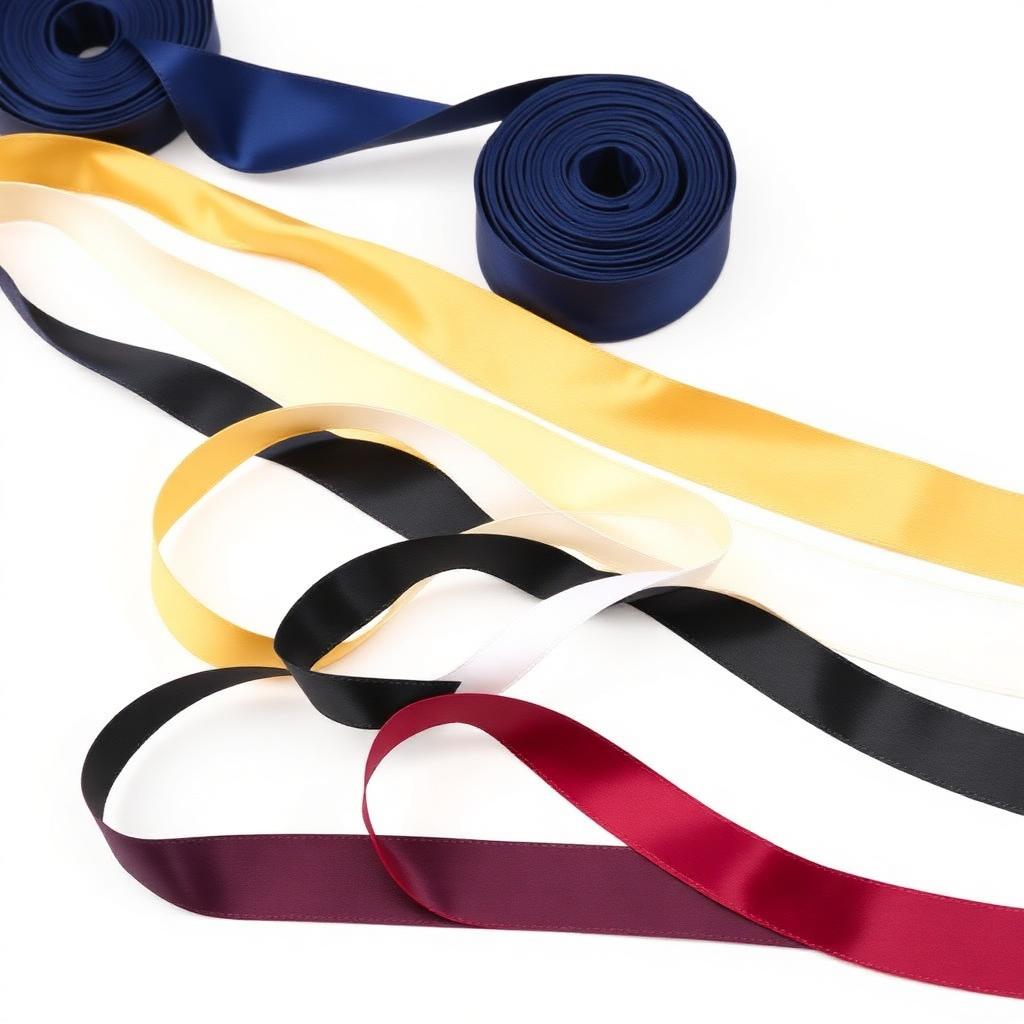 Glossy satin ribbon rolls in navy, gold, white, black, burgundy and cream for apparel decoration