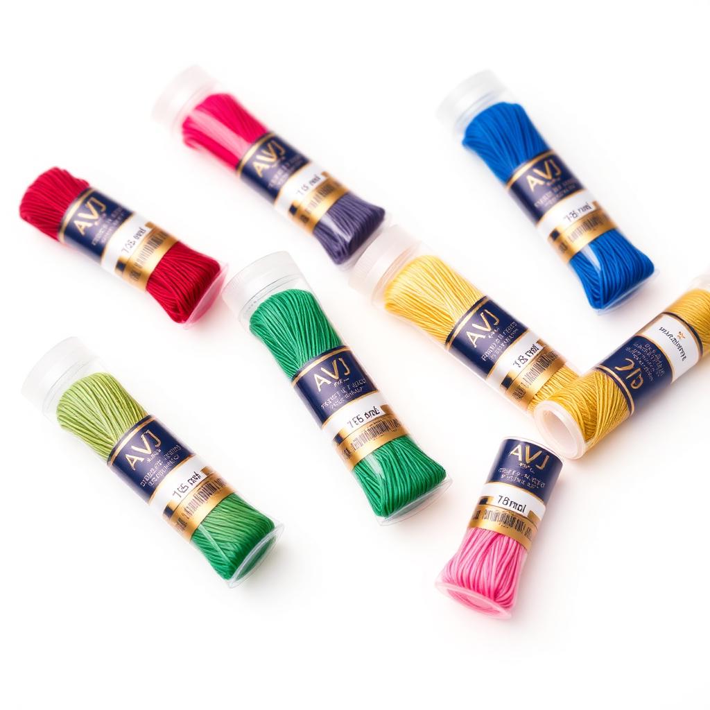 AVJ branded embroidery thread floss in small transparent plastic tube packs with navy and gold AVJ labels on a white background