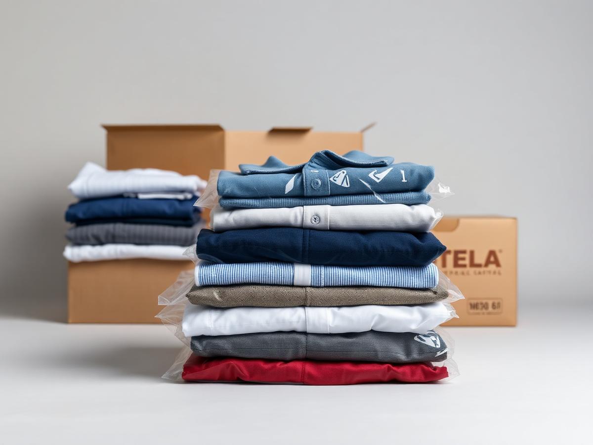 Folded ready-made garments in polybags with export cartons prepared for wholesale shipment