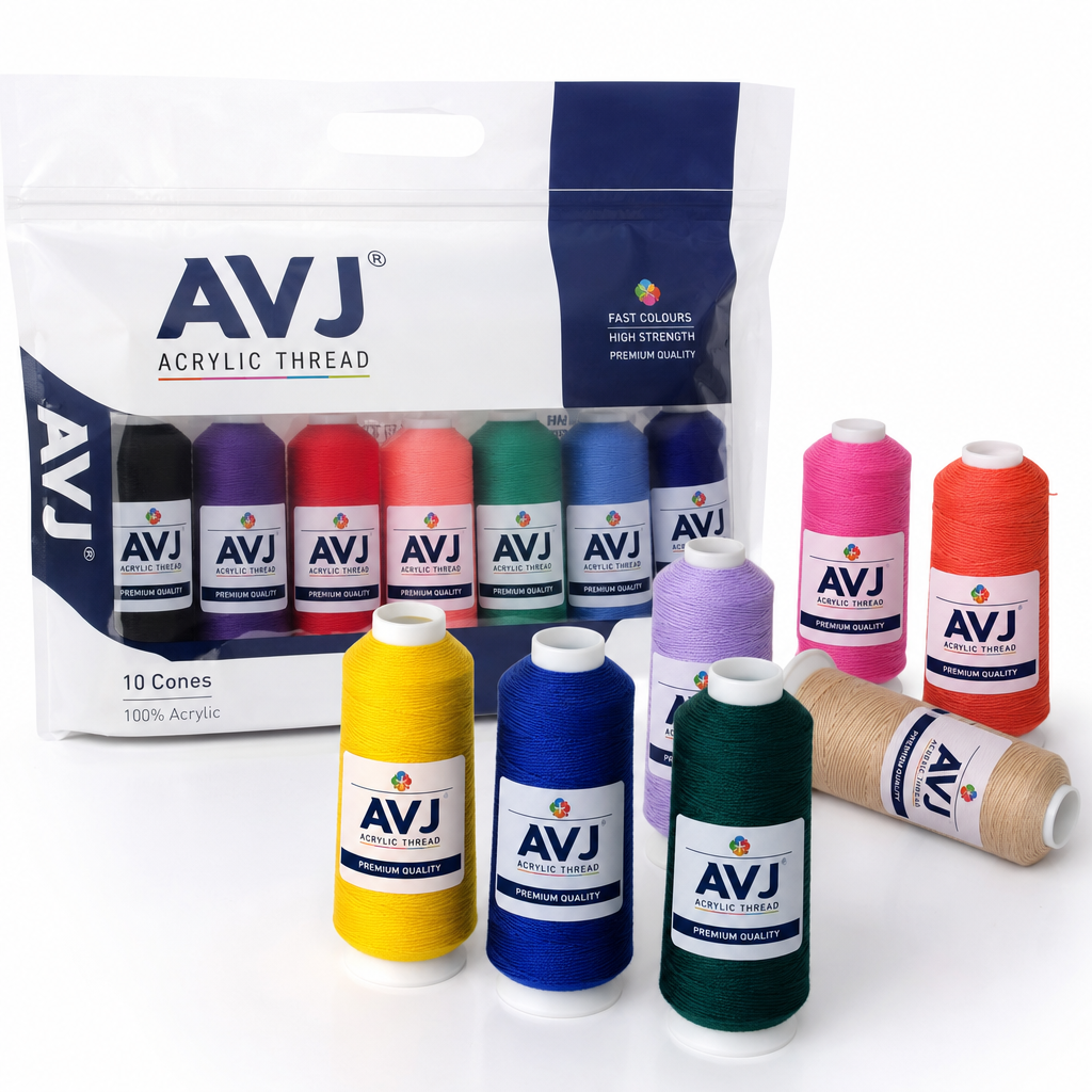 AVJ branded acrylic thread cones in bright colours with AVJ printed polybag pack for export