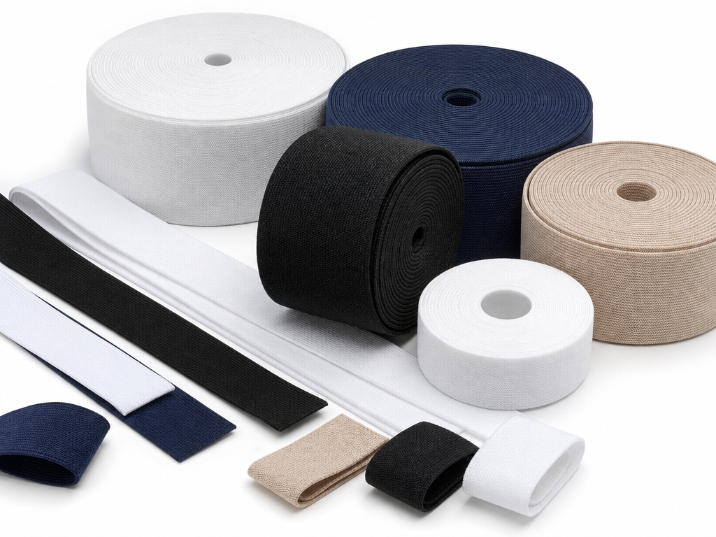 Woven elastic tapes and bands in white, black, navy and beige