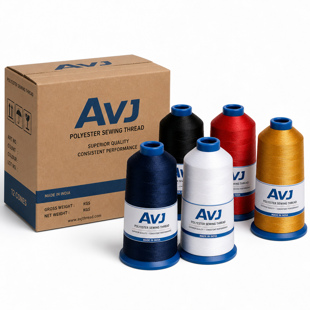 AVJ branded polyester sewing thread cones in navy, white, black, red and gold with AVJ export carton packing