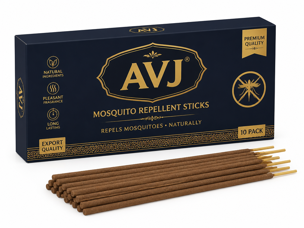 AVJ branded mosquito repellent sticks in navy and gold export quality carton with sticks displayed