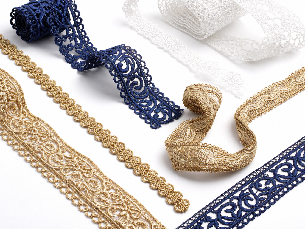 Decorative garment lace trims and ribbons in navy, gold, white and cream