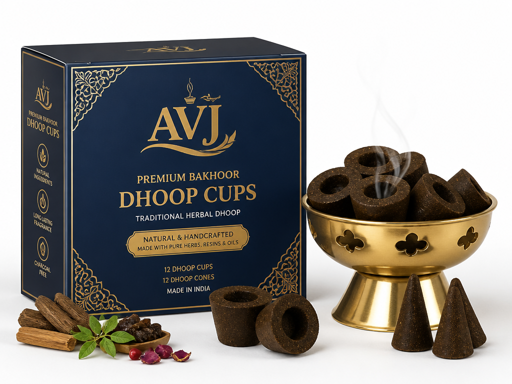 AVJ branded premium bakhoor dhoop cups and cones with brass burner and navy gold pack