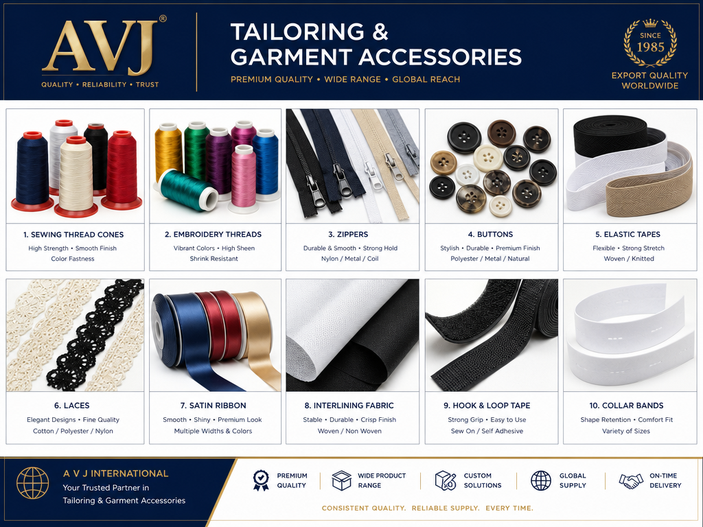 AVJ tailoring and garment accessories catalogue page showing sewing thread cones, embroidery threads, zippers, buttons, elastic tapes, laces, satin ribbon, interlining, hook-and-loop tape and collar bands