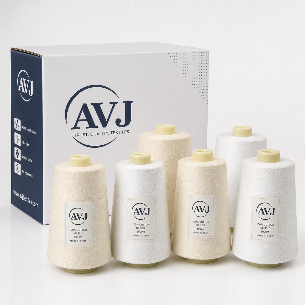 AVJ branded 100% cotton thread cones in cream and white with AVJ labelled export packing box