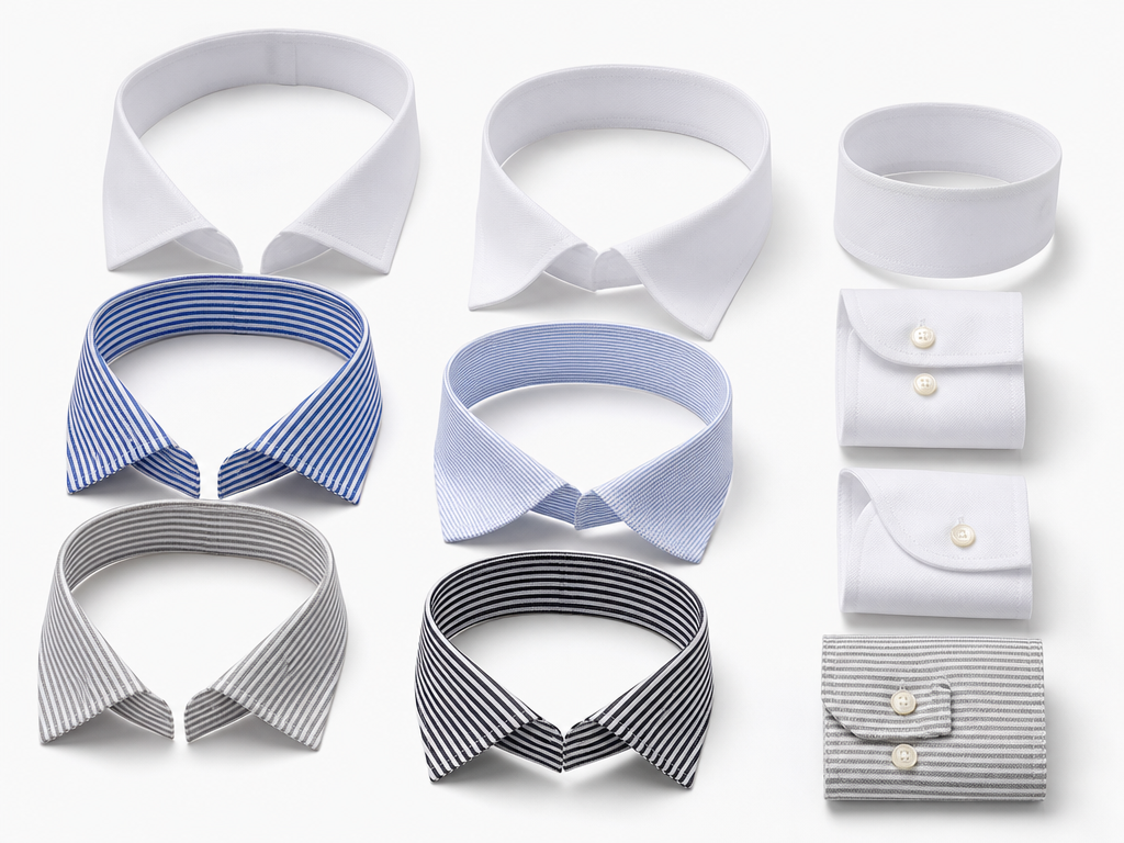 Woven shirt collar bands and cuff bands in solid and striped patterns