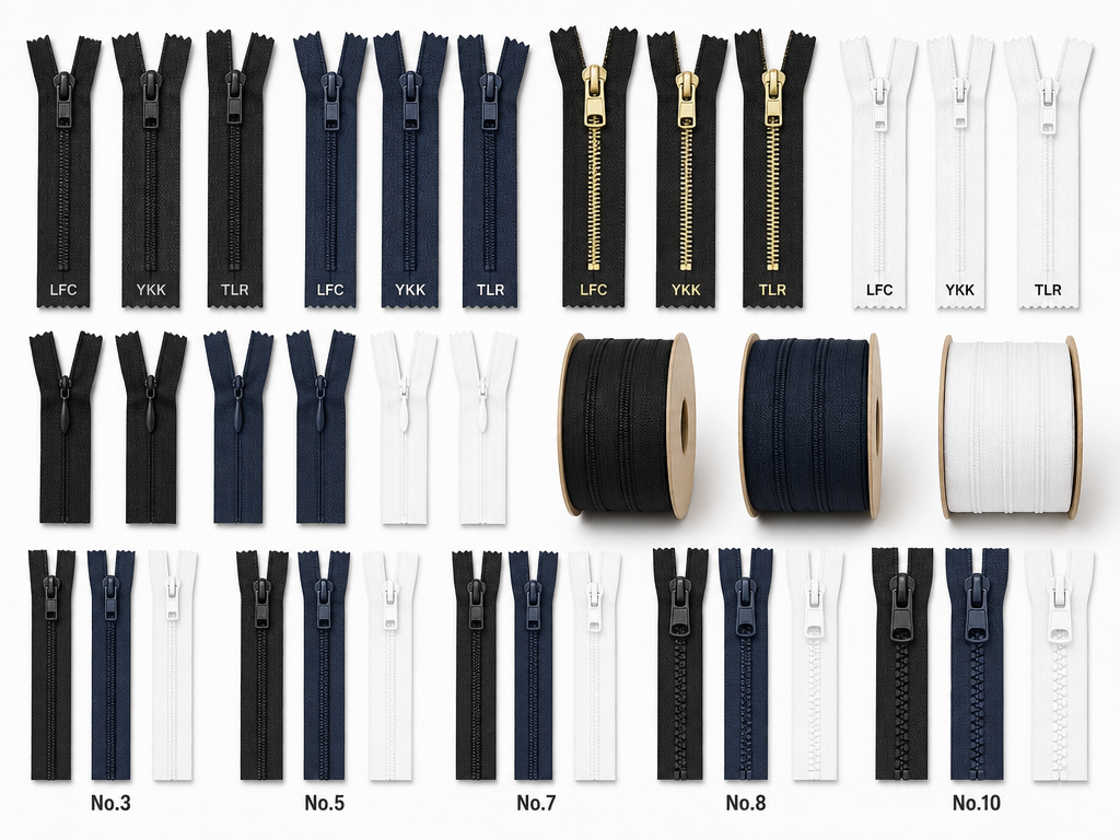 Garment zipper range: nylon, brass metal and invisible zippers in sizes No.3, No.5, No.7, No.8 and No.10, plus roll zippers and LFC, YKK and TLR branded zipper tapes in black, navy and white