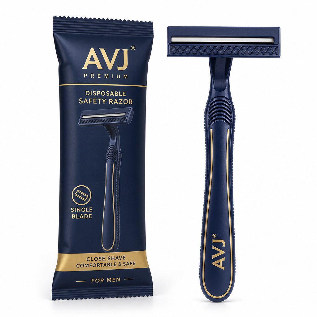 AVJ Premium disposable safety razor with navy and gold branded sachet for single blade shaving