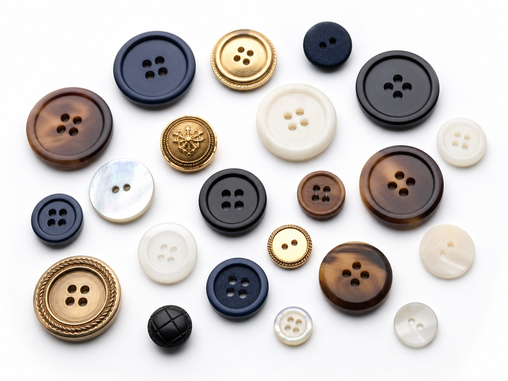 Assorted garment buttons in navy, black, white, gold, brown and pearl finishes