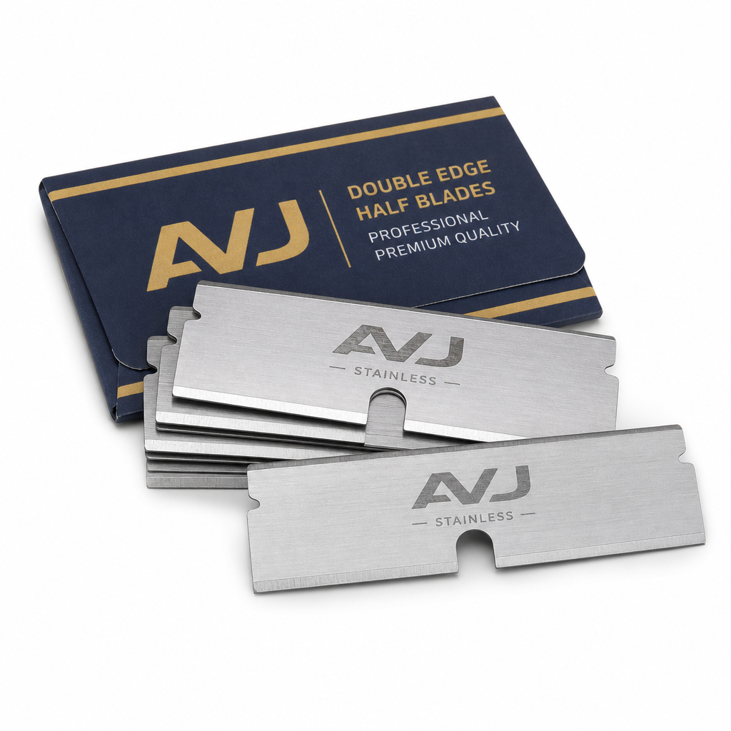 AVJ Stainless double edge half blades with navy and gold professional packaging