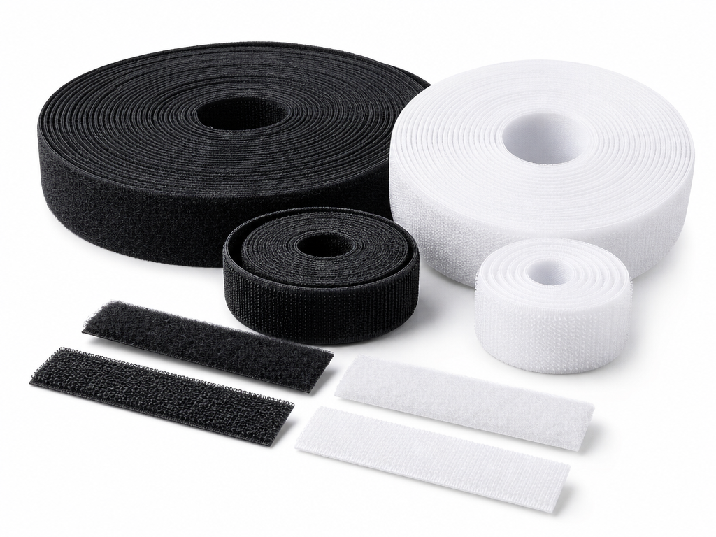 Black and white hook-and-loop fastener tape rolls and cut strips