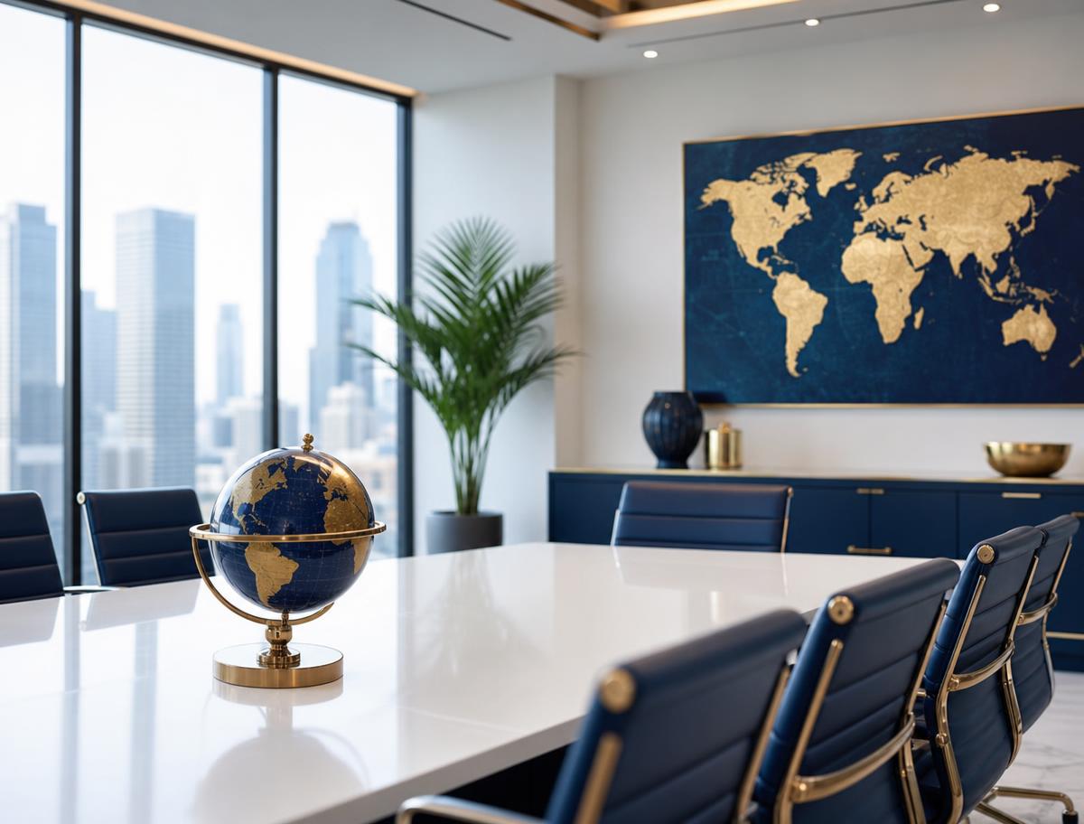 Modern international trade office with global map, navy and gold accents, and city skyline view