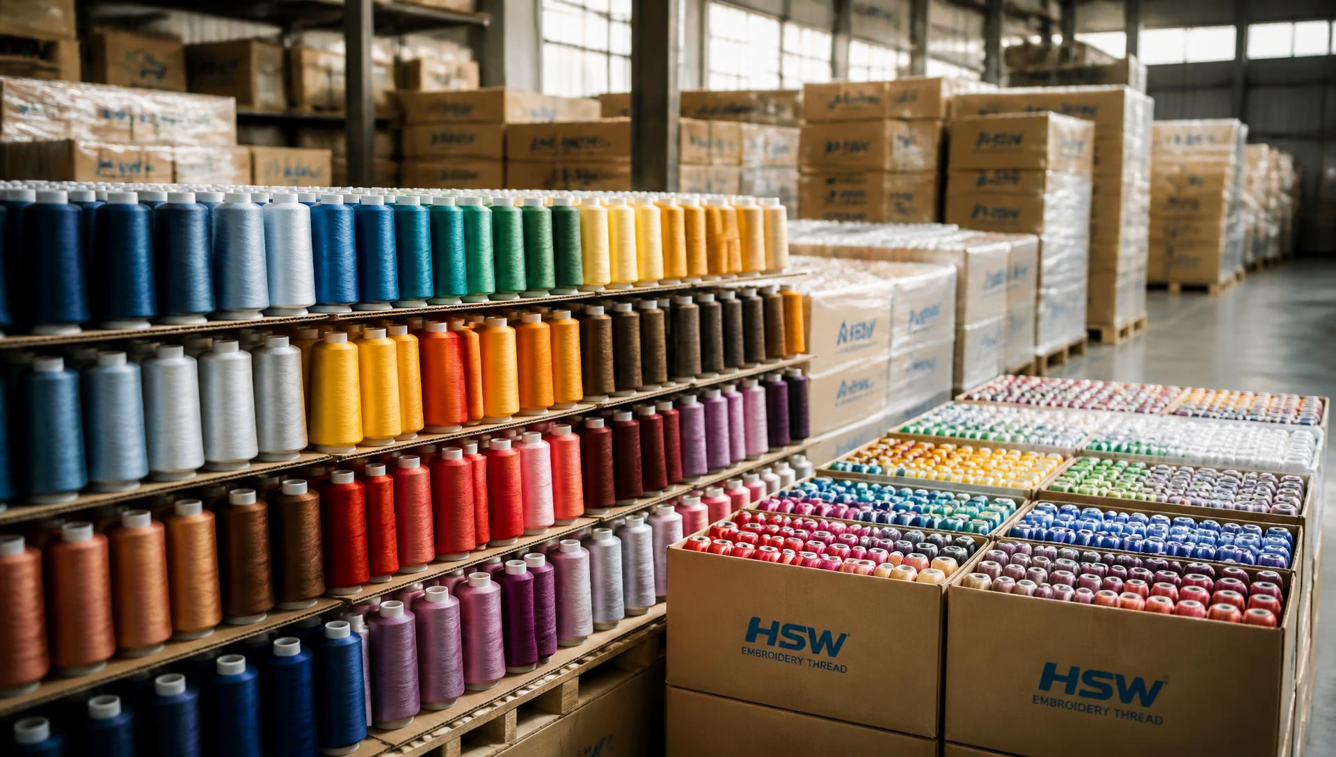 Sewing thread cones and embroidery threads packed for export in a warehouse