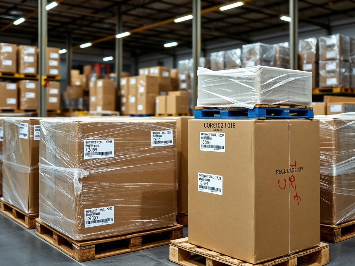 Export cartons labelled and stretch-wrapped on pallets for consolidated shipment